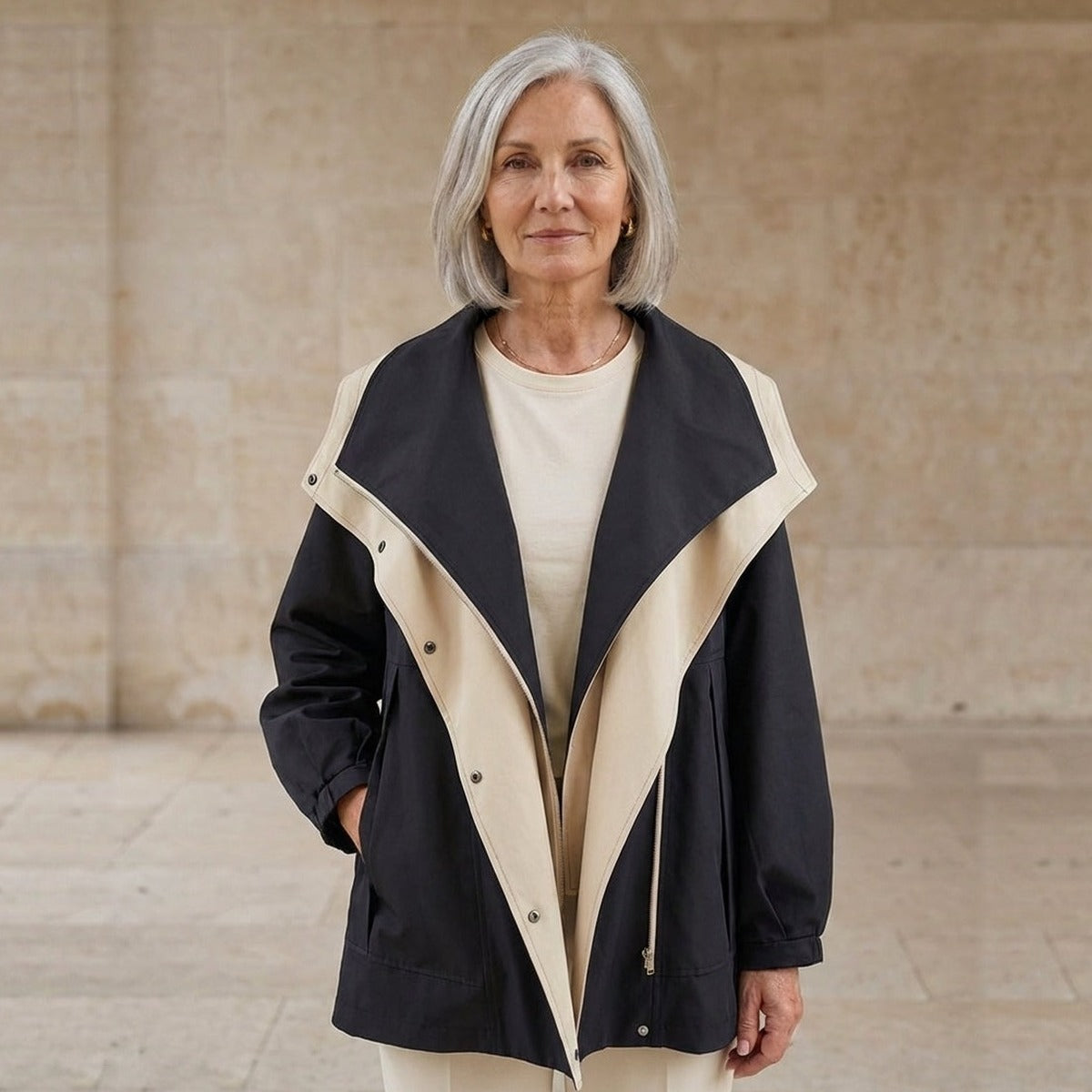 Zwart-beige regenjas met capuchon, gedragen door oudere vrouw | Boutique Moda