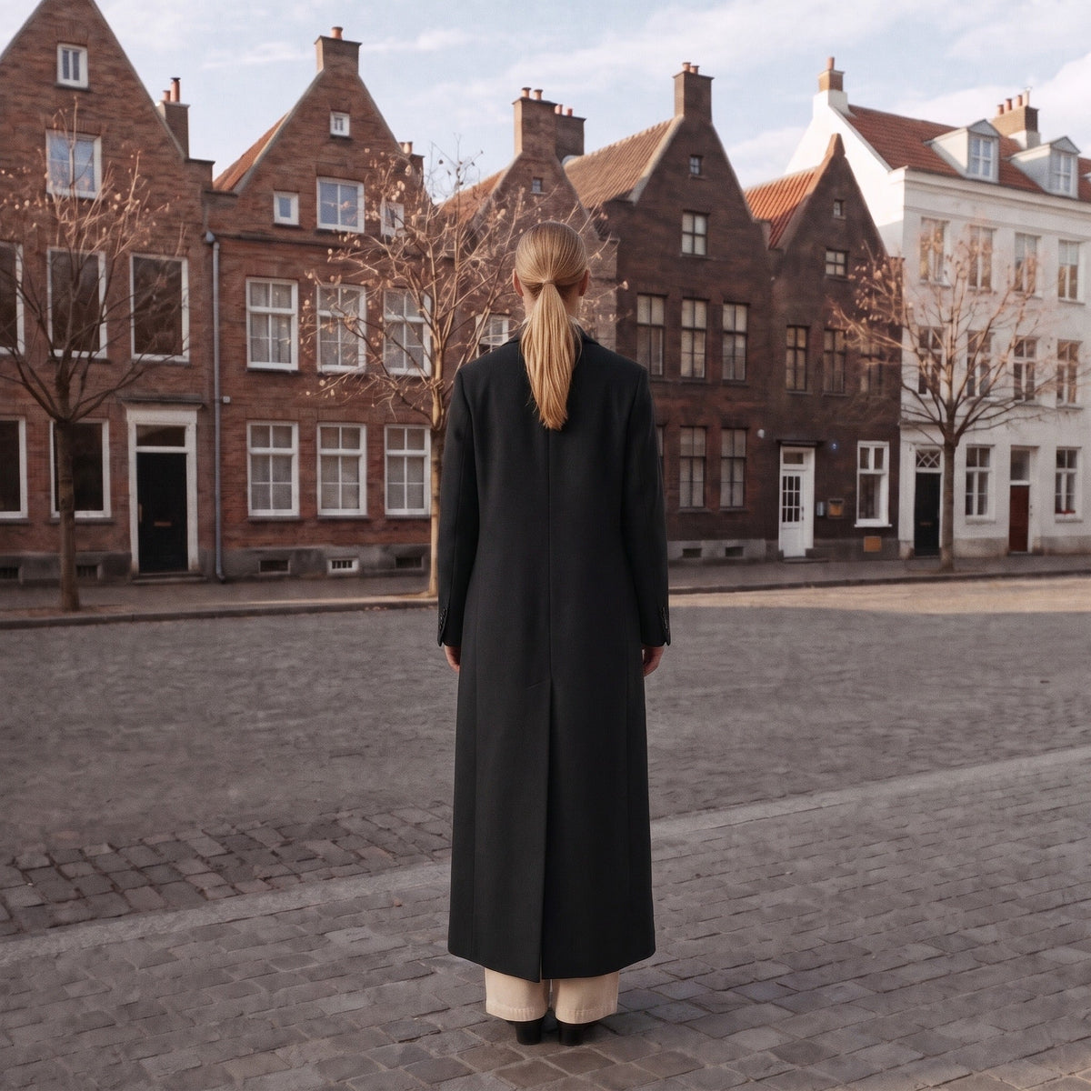 Vrouw draagt lange zwarte jas op geplaveid plein tussen historische huizen | Boutique Moda