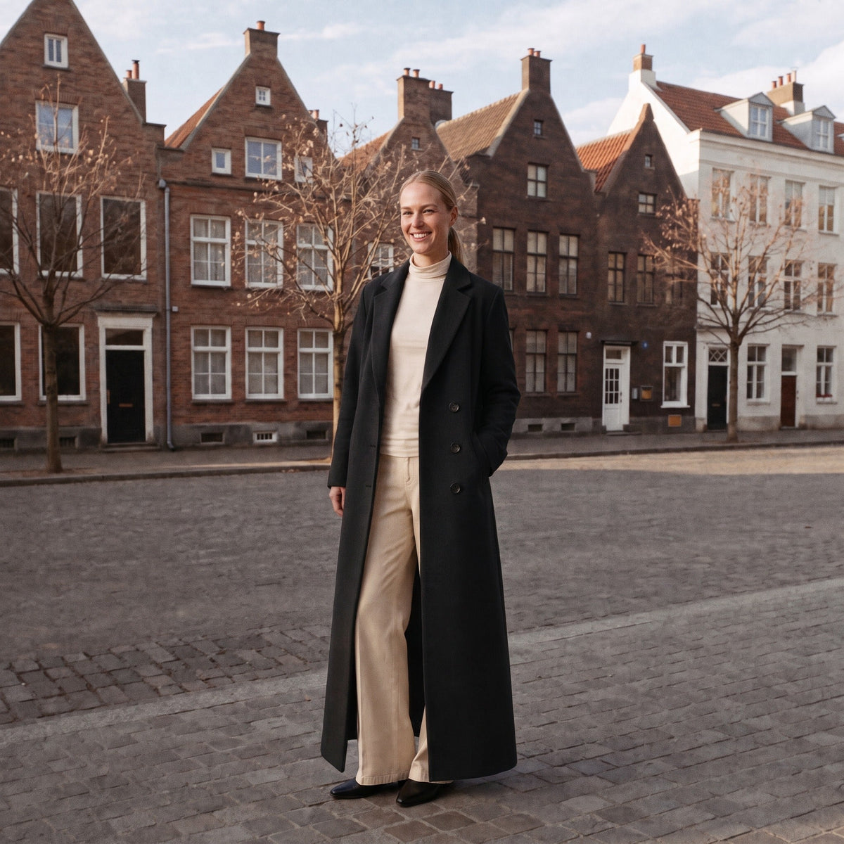 Vrouw draagt lange zwarte dubbelrijige jas op straat met historische gebouwen | Boutique Moda