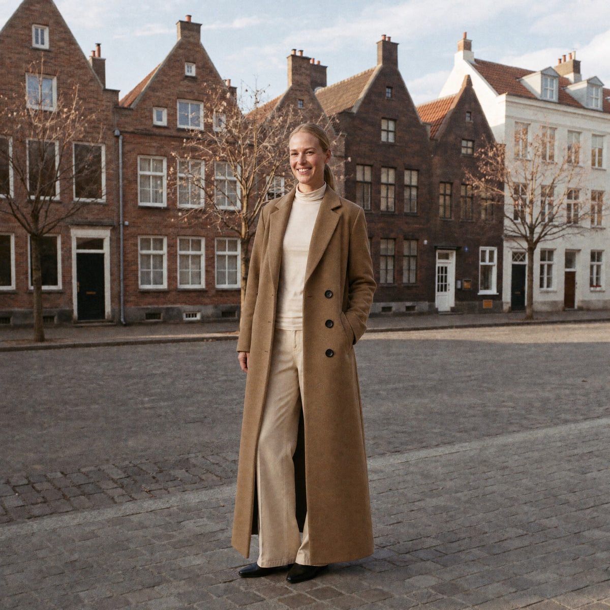 Vrouw draagt lange camelkleurige dubbelrijige jas op historisch plein | Boutique Moda