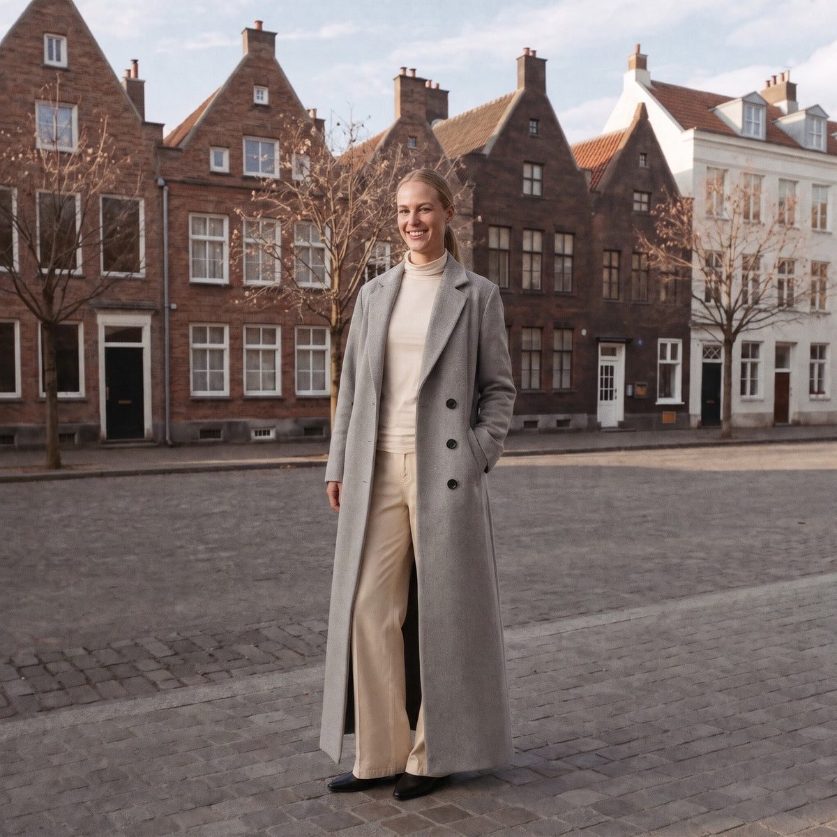 Lange grijze dubbelrijige jas gedragen door vrouw op straat | Boutique Moda