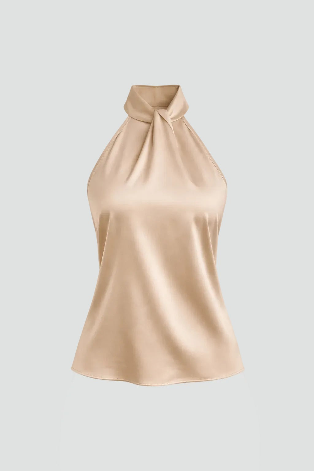 Goudkleurige satijnen haltertop, mouwloos, vooraanzicht zonder model | Boutique Moda