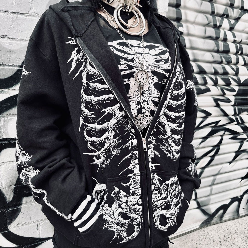 Skelet hoodie met ribbenkast print, half open