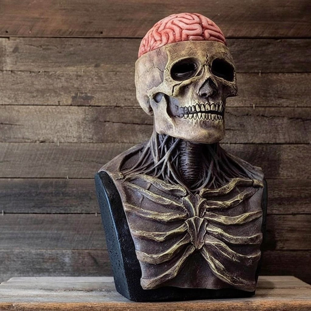 Latex skeletmasker met zichtbaar brein, getoond als buste op houten plank | Boutique Moda