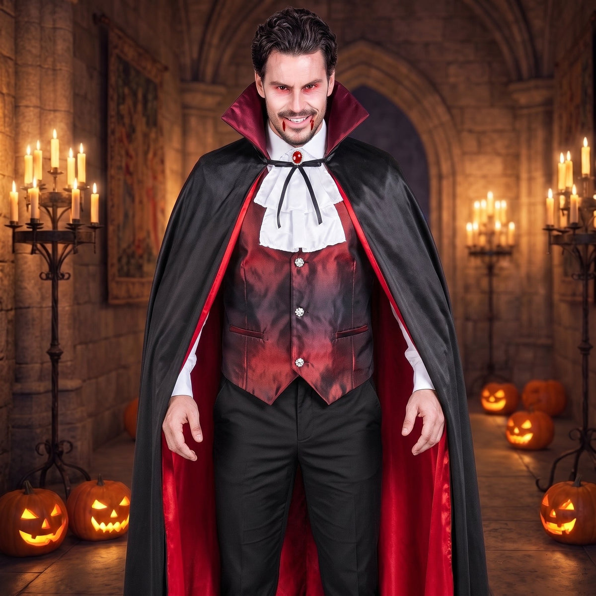 Man in vampierkostuum met rood gevoerde cape en zwart-rood gilet in een kasteelzaal met kaarsen en pompoenen | Boutique Moda