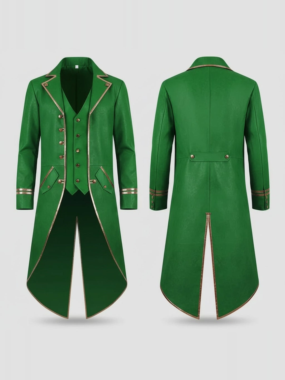 Groene Victoriaanse slipjas met gouden afwerking, voor- en achterkant