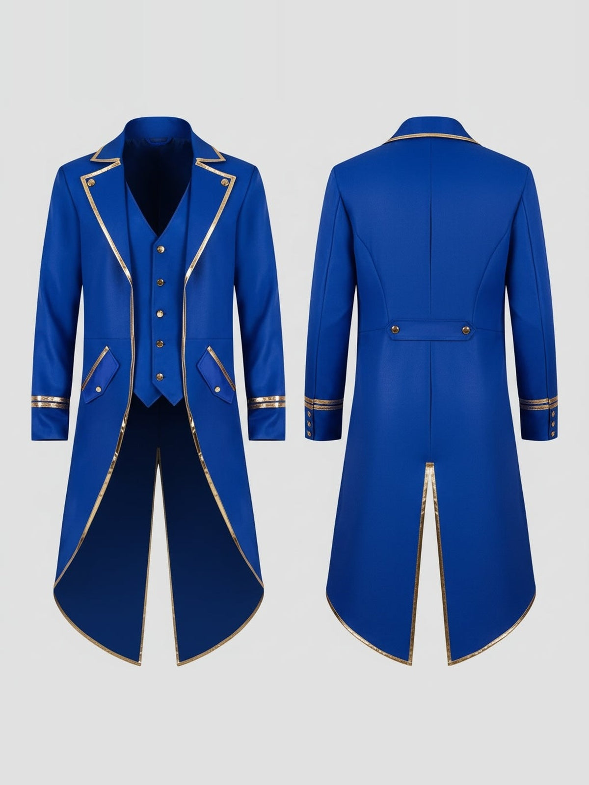 Blauwe Victoriaanse slipjas met gouden afwerking, voor- en achterkant