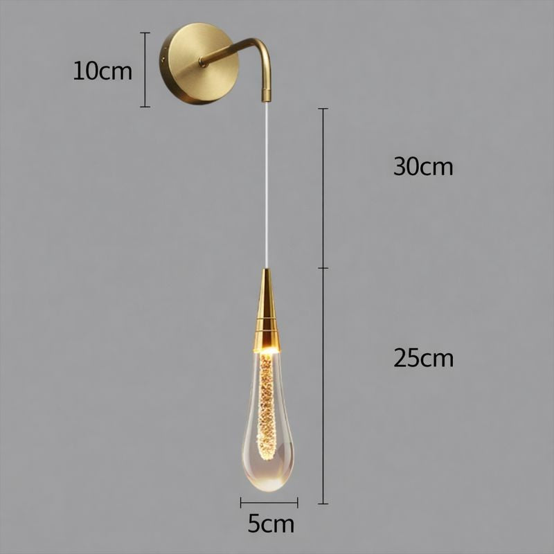 Afmetingen van de waterdruppel wandlamp: wandplaat 10 cm, snoer 30 cm, glas 25 x 5 cm | Boutique Moda