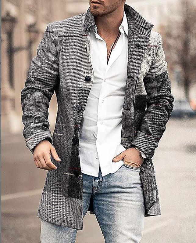 Grijze herenjas met visgraatpatchwork