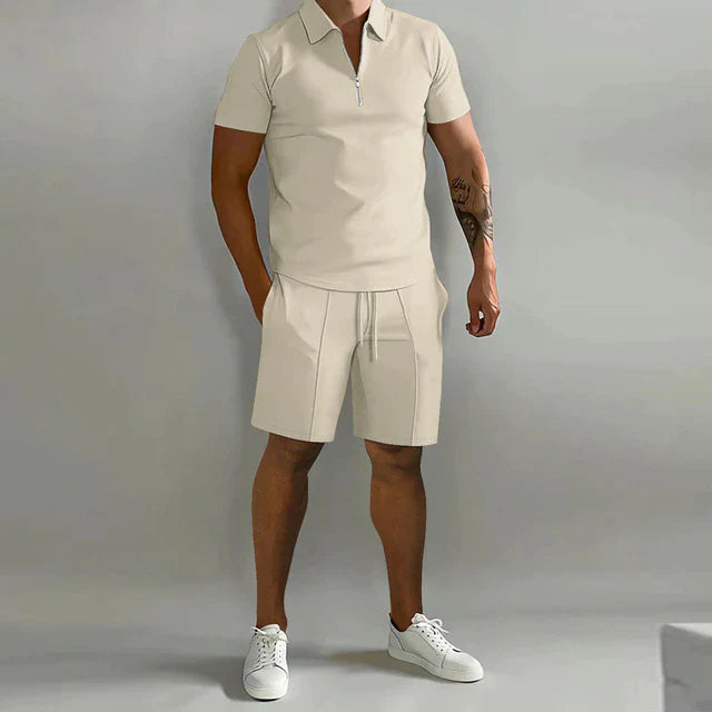 Zomerset heren polo met rits en short Khaki