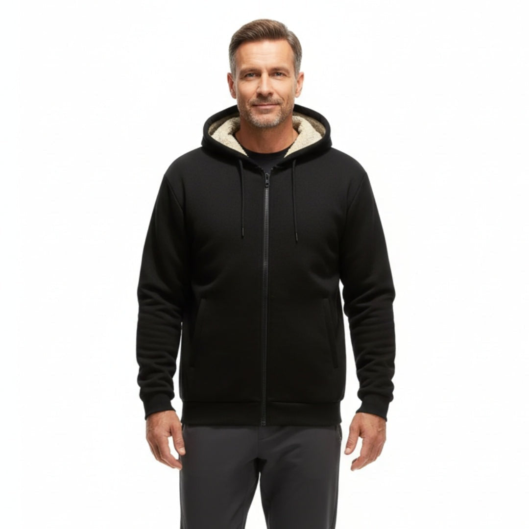 Gevoerde hoodie met rits voor heren in zwart, gedragen, voorkant