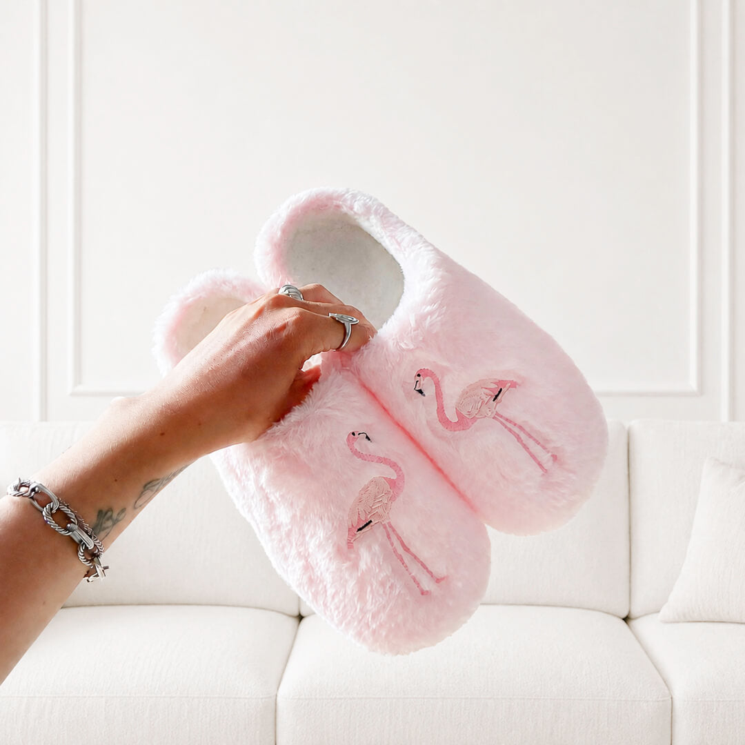 Flamingo Sloffen Dames | Pluche | Geborduurd | Gesloten Neus-Boutique Moda
