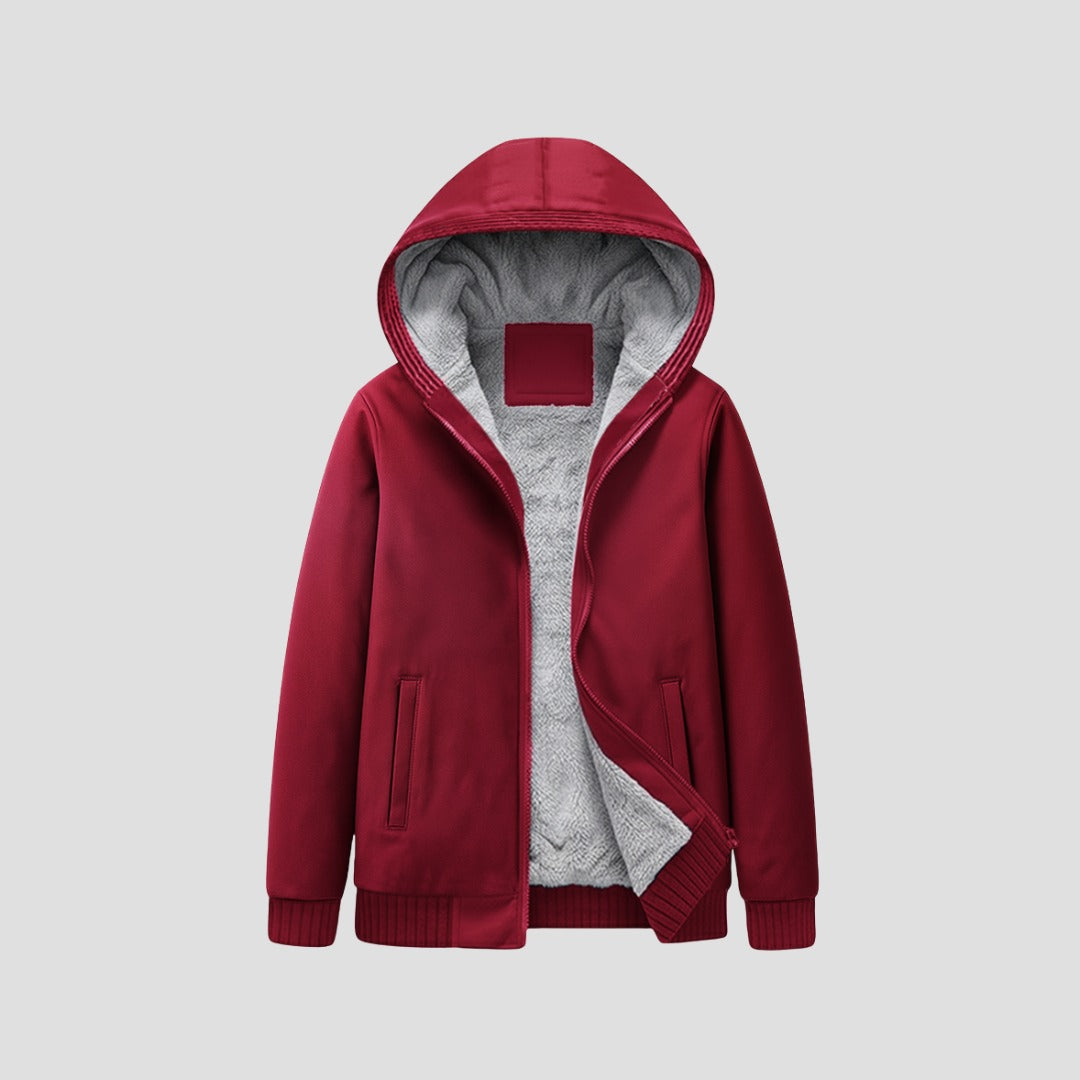 Teddyvest met capuchon voor heren in bordeaux, voorkant