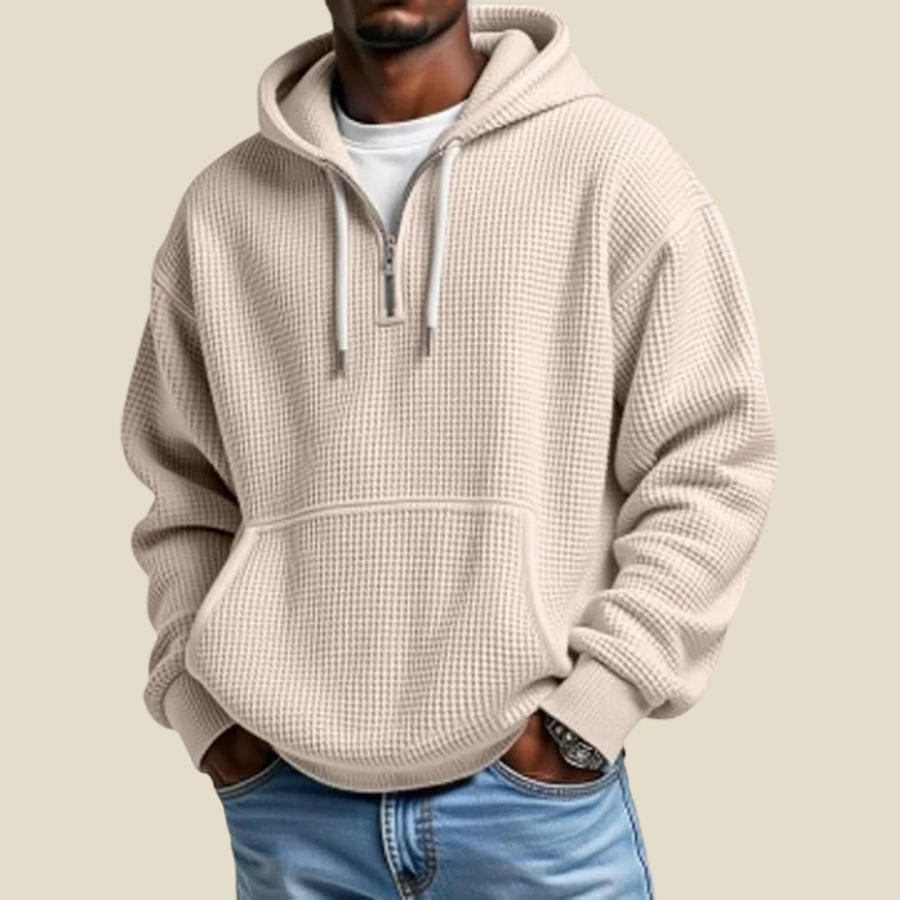 Half zip hoodie met wafelstructuur voor heren in beige, gedragen, voorkant