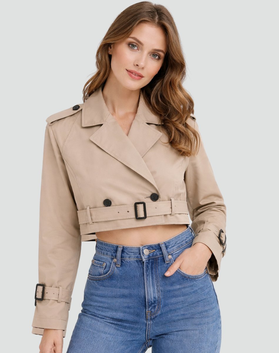 Trenchcoat Dames | Cropped | Dubbele Knoopsluiting | Ceintuur-Boutique Moda