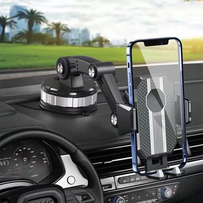 Zwarte telefoonhouder met zuignap gemonteerd op autodashboard met smartphone | Boutique Moda