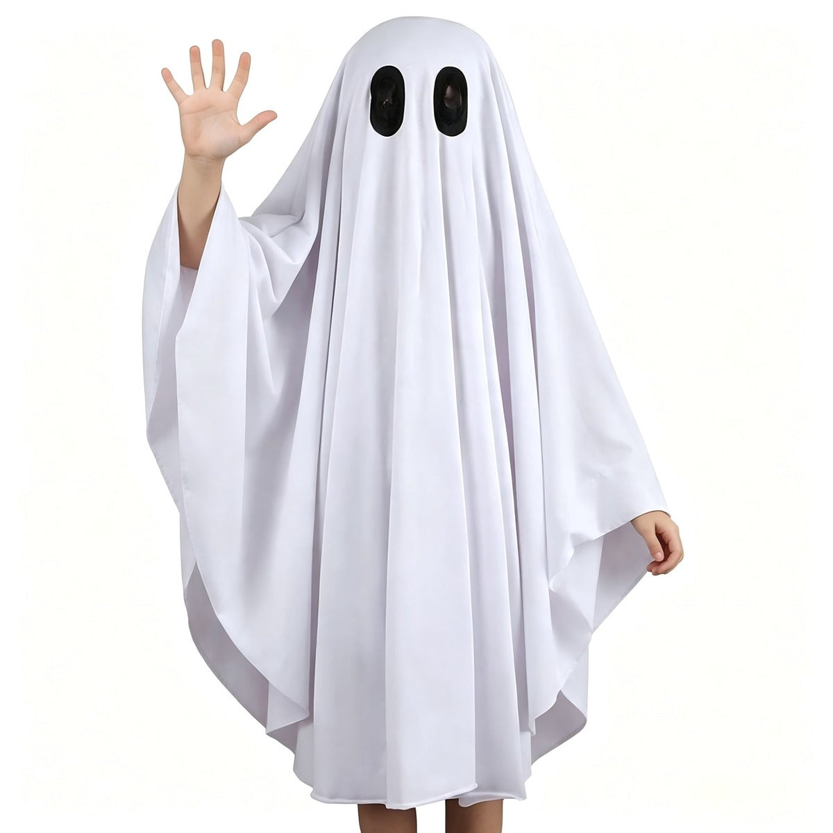 Spookkostuum voor kinderen in wit met zwarte ooggaten, kind zwaait
