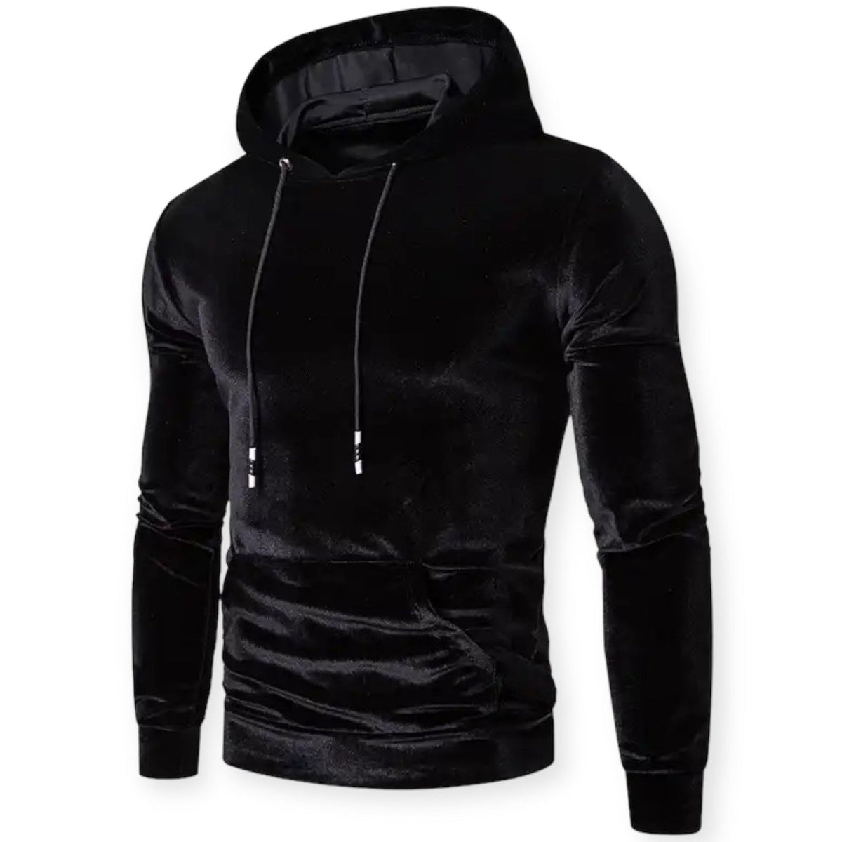 Fluwelen hoodie voor heren in zwart, voorkant