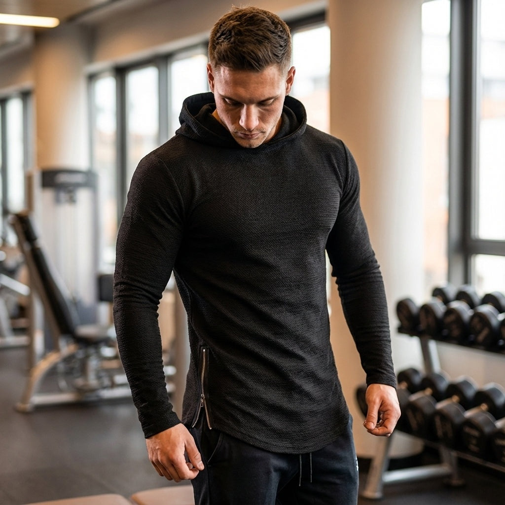Sporthoodie voor heren in zwart, gedragen in de sportschool