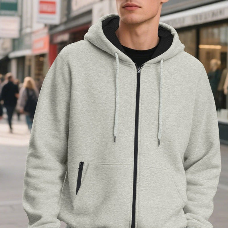 Oversized vest met capuchon voor heren in lichtgrijs, gedragen, voorkant