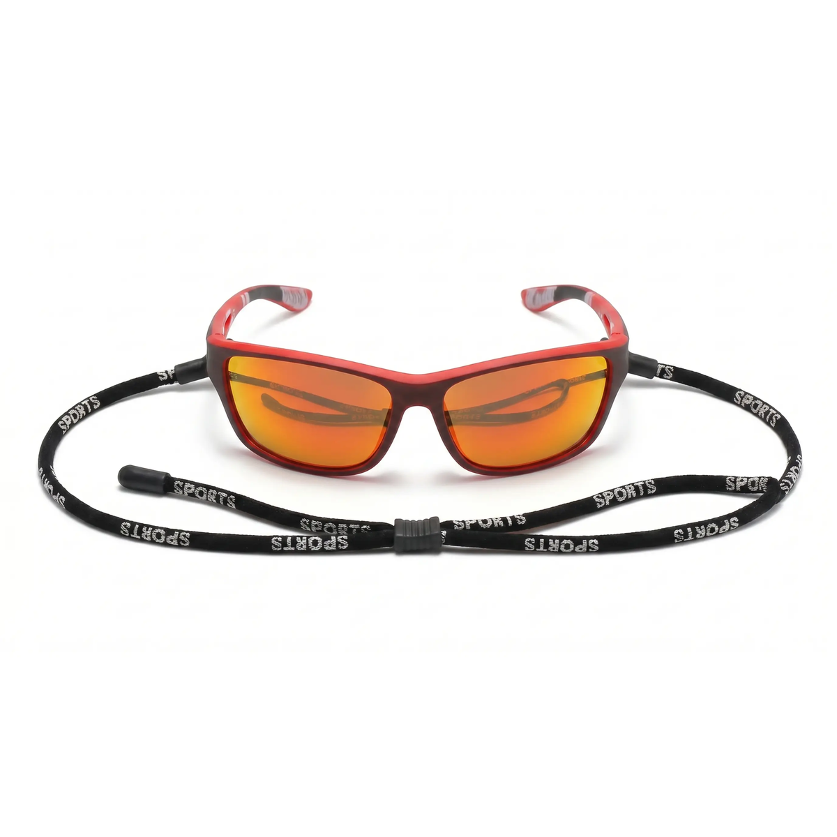 Rood-zwarte sportbril met oranje spiegellenzen en zwart brillenkoord, plat gefotografeerd | Boutique Moda