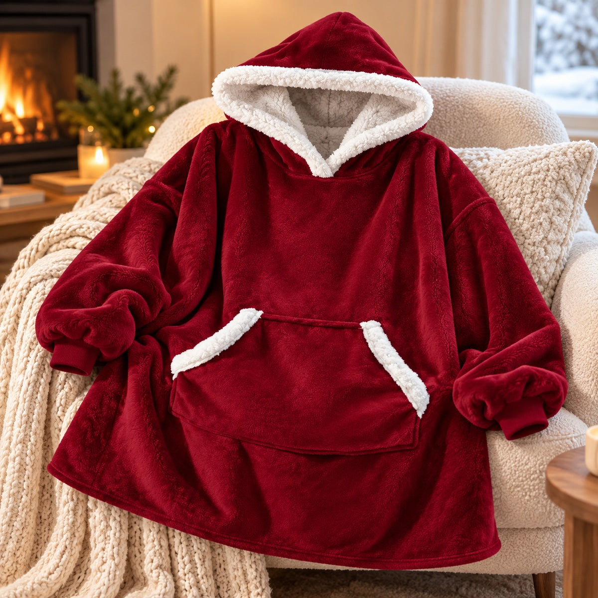 Donkerrode hoodie deken over een fauteuil bij de open haard
