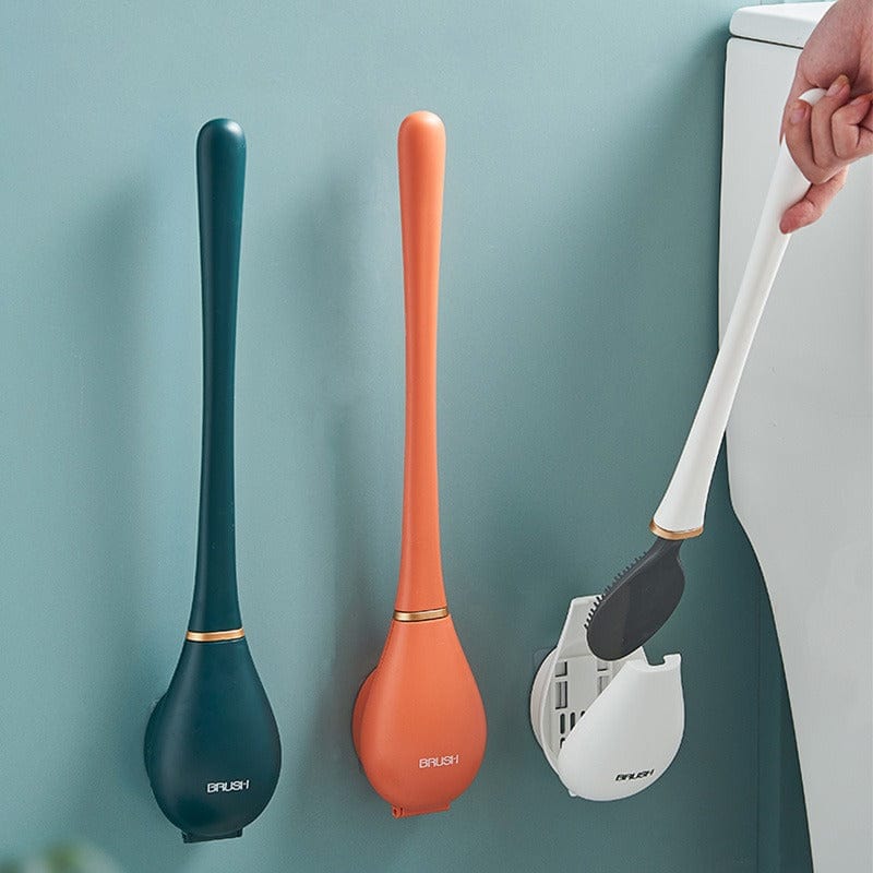 Drie siliconen wc-borstels in groen, oranje en wit met wandhouder | Boutique Moda
