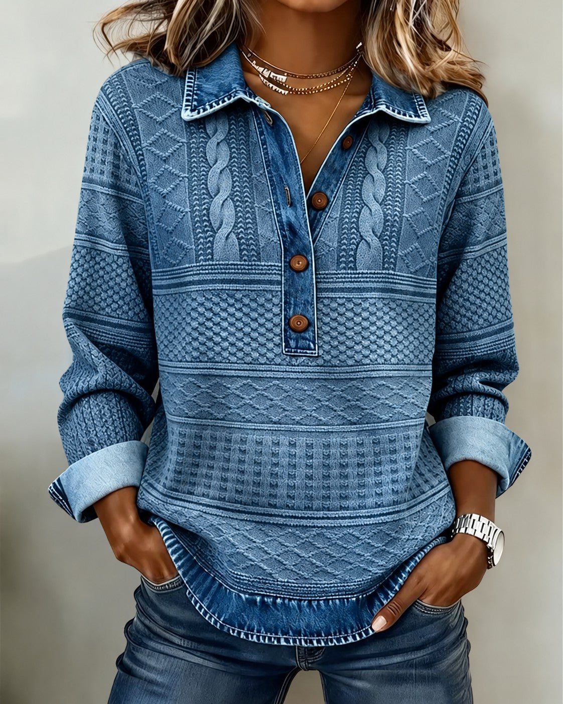 Oversized trui met knoopsluiting in denimblauw, gedragen, vooraanzicht