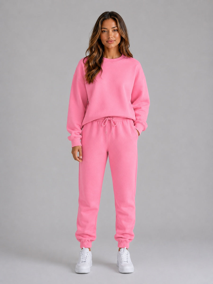 Roze joggingpak met sweater met ronde hals, voorkant
