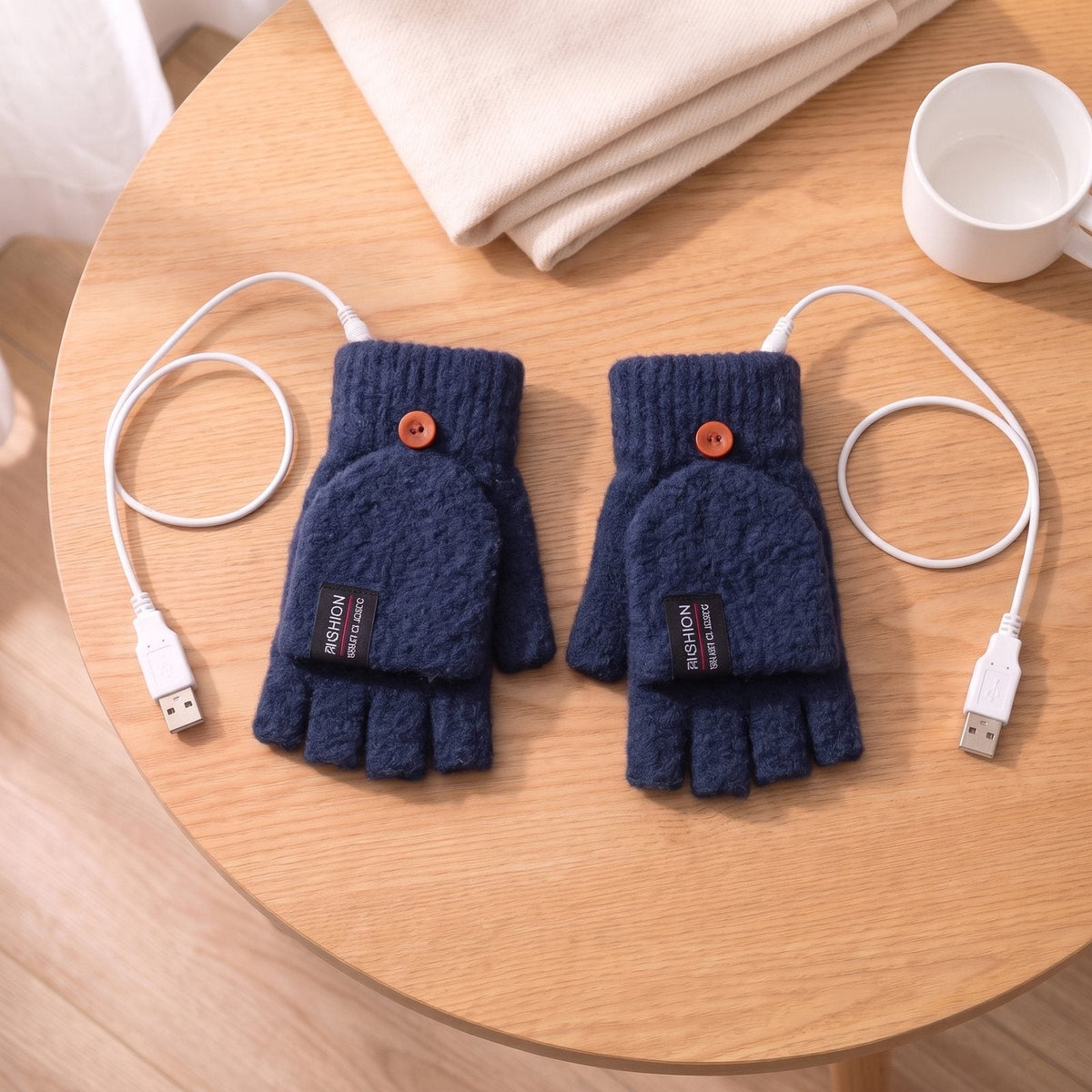 Verwarmde vingerloze handschoenen in marineblauw met omklapbare klep en USB-kabels