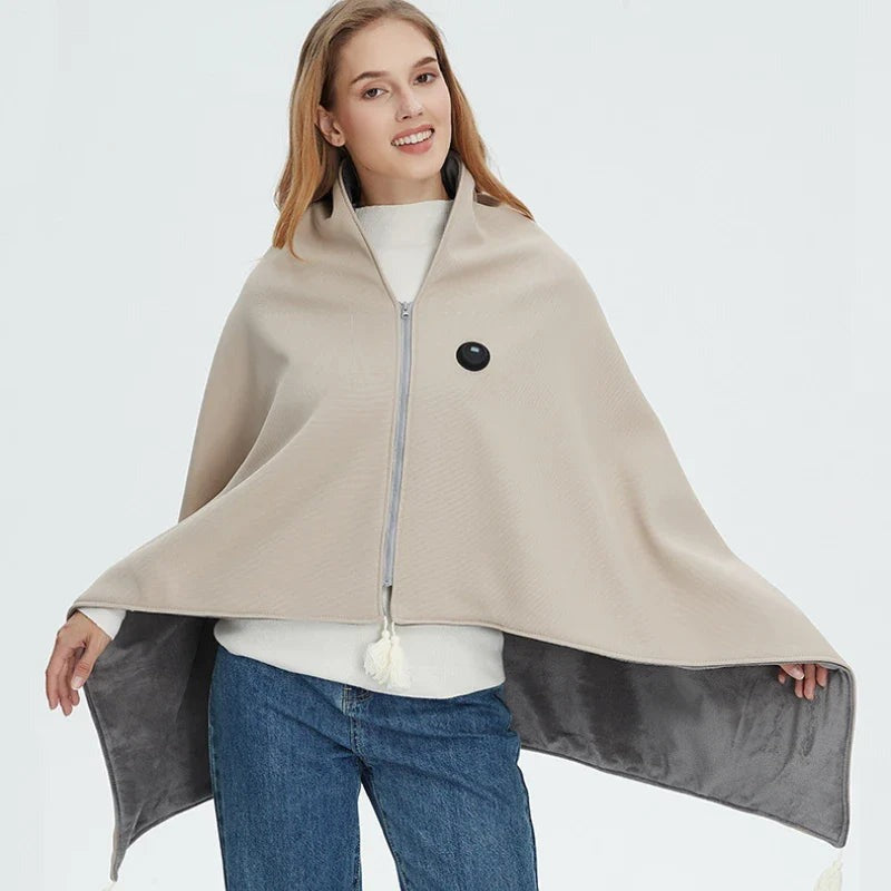 Draagbare verwarmde deken in beige als omslagdoek met rits
