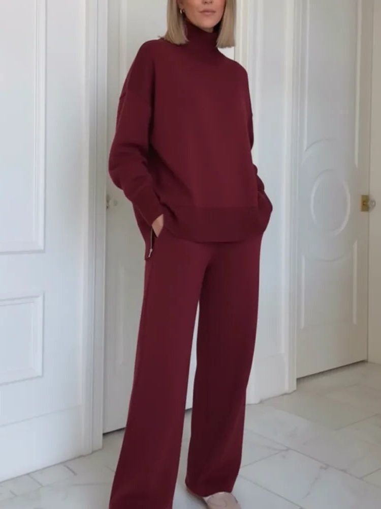 Gebreide co-ord set met col in bordeaux, vooraanzicht