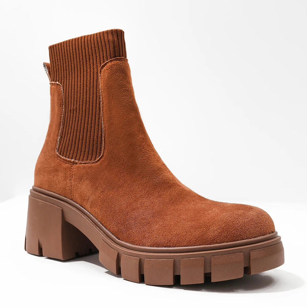 Bruine Chelsea boot met plateauzool en gebreide schacht in suèdelook