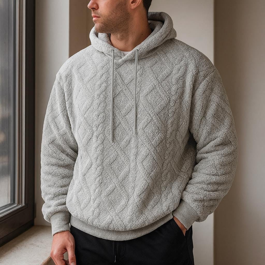 Teddyhoodie met ruitpatroon voor heren in grijs, gedragen, voorkant