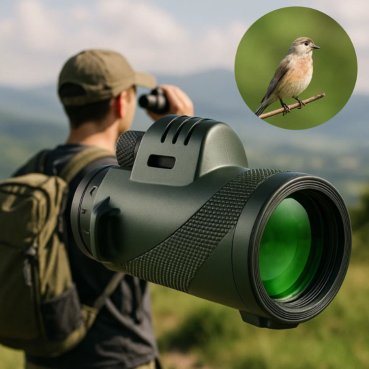 Groene monoculaire kijker vastgehouden door man tijdens vogels spotten buiten | Boutique Moda