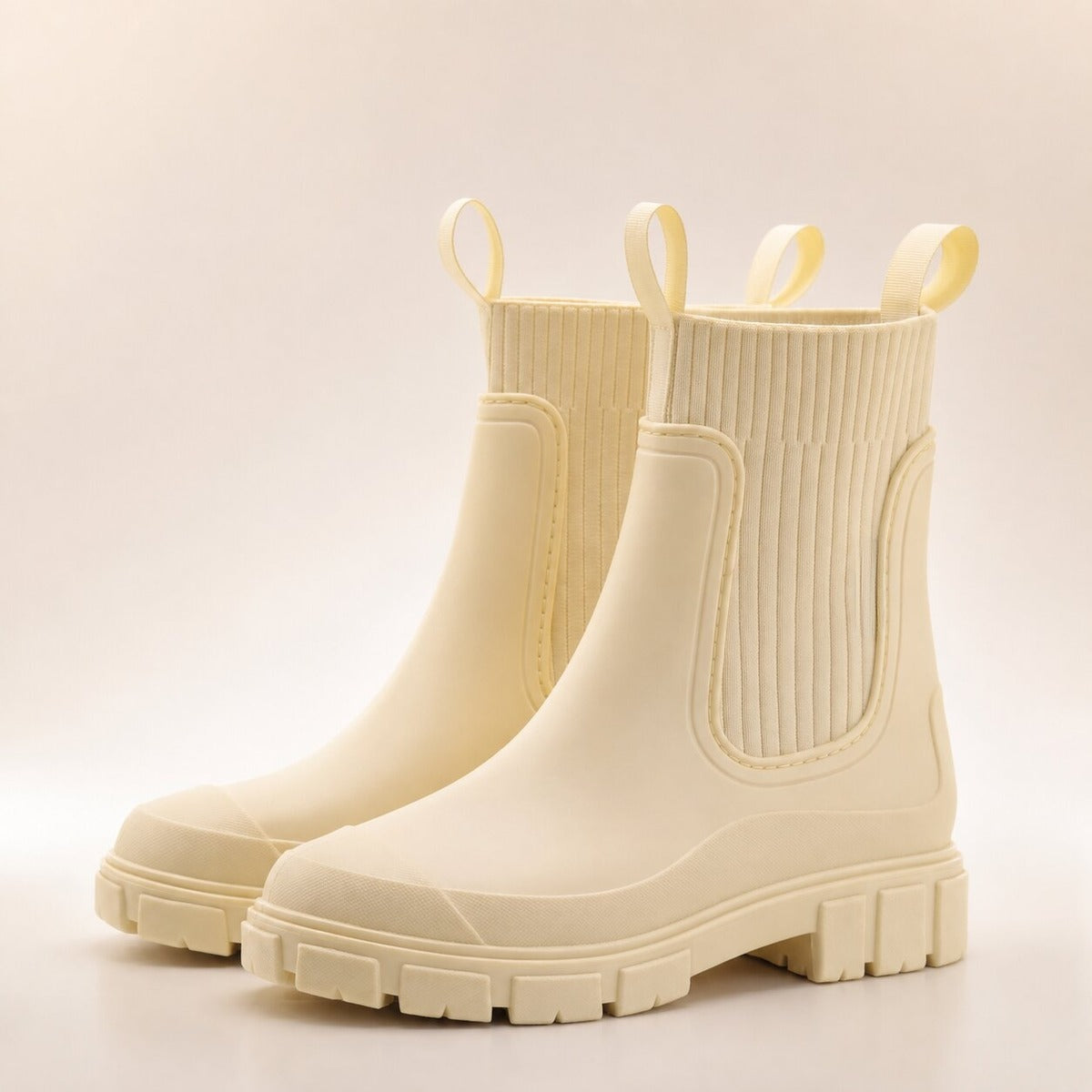 Regenlaarsjes met gebreide boord in crème, productfoto