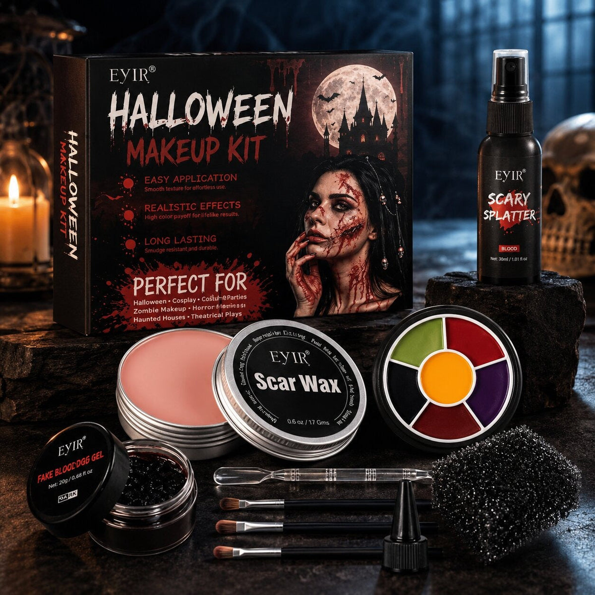 Halloween schminkset met littekenwas, nepbloedspray, nepbloedpasta en schminkpalet