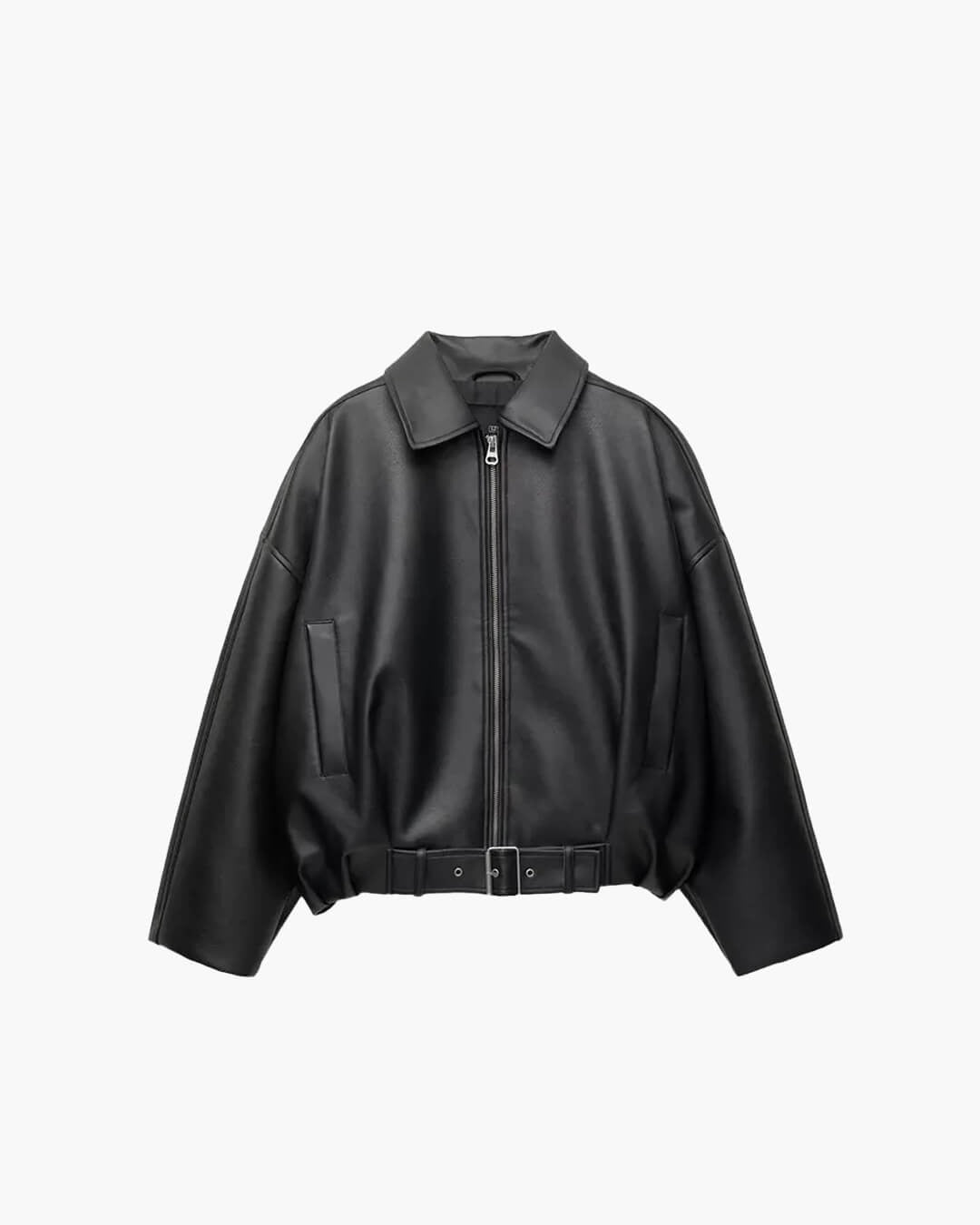 Zwart oversized jack van kunstleer met riem aan de zoom, plat