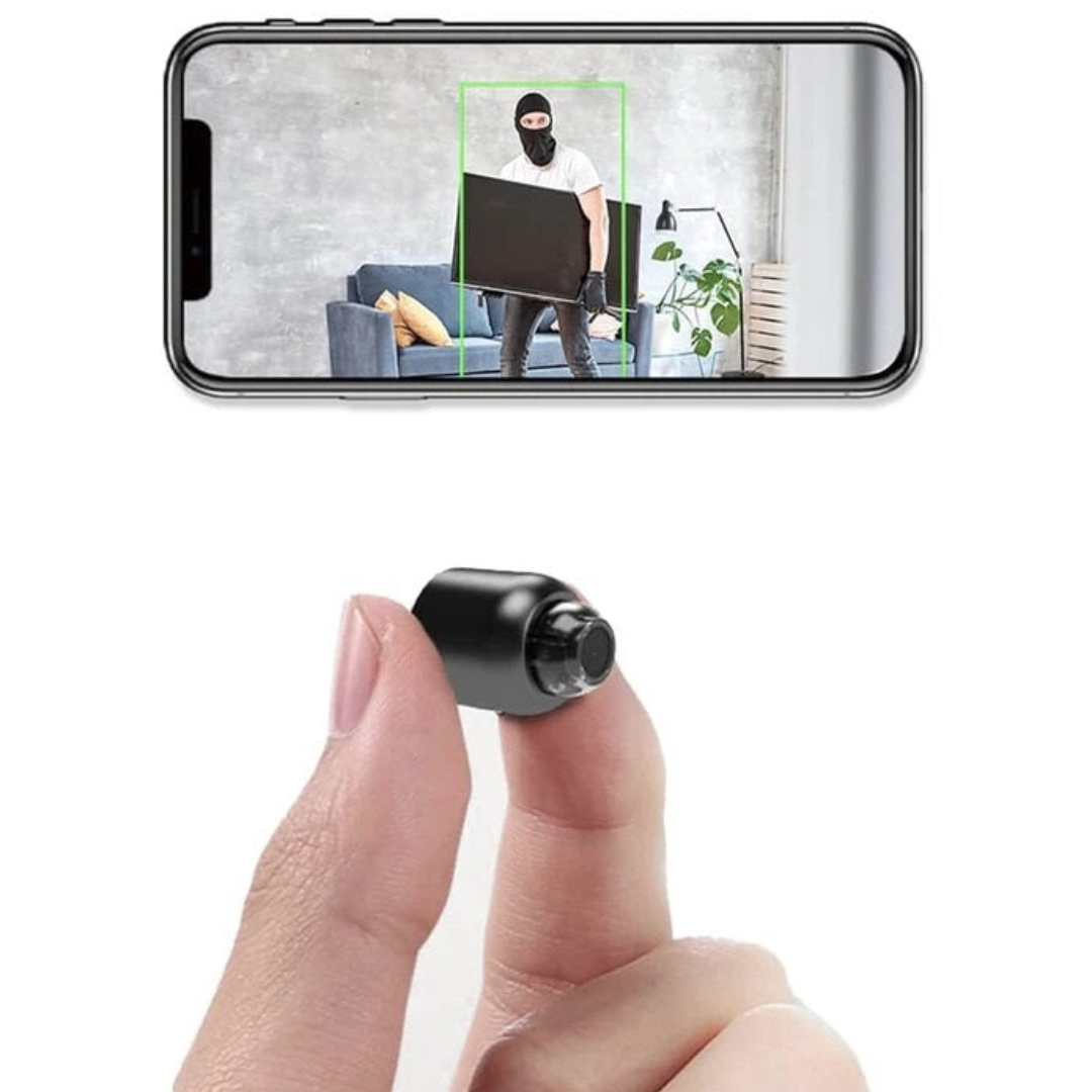 Kleine zwarte minicamera op vingertop met telefoonscherm toont live beveiligingsbeelden | Boutique Moda