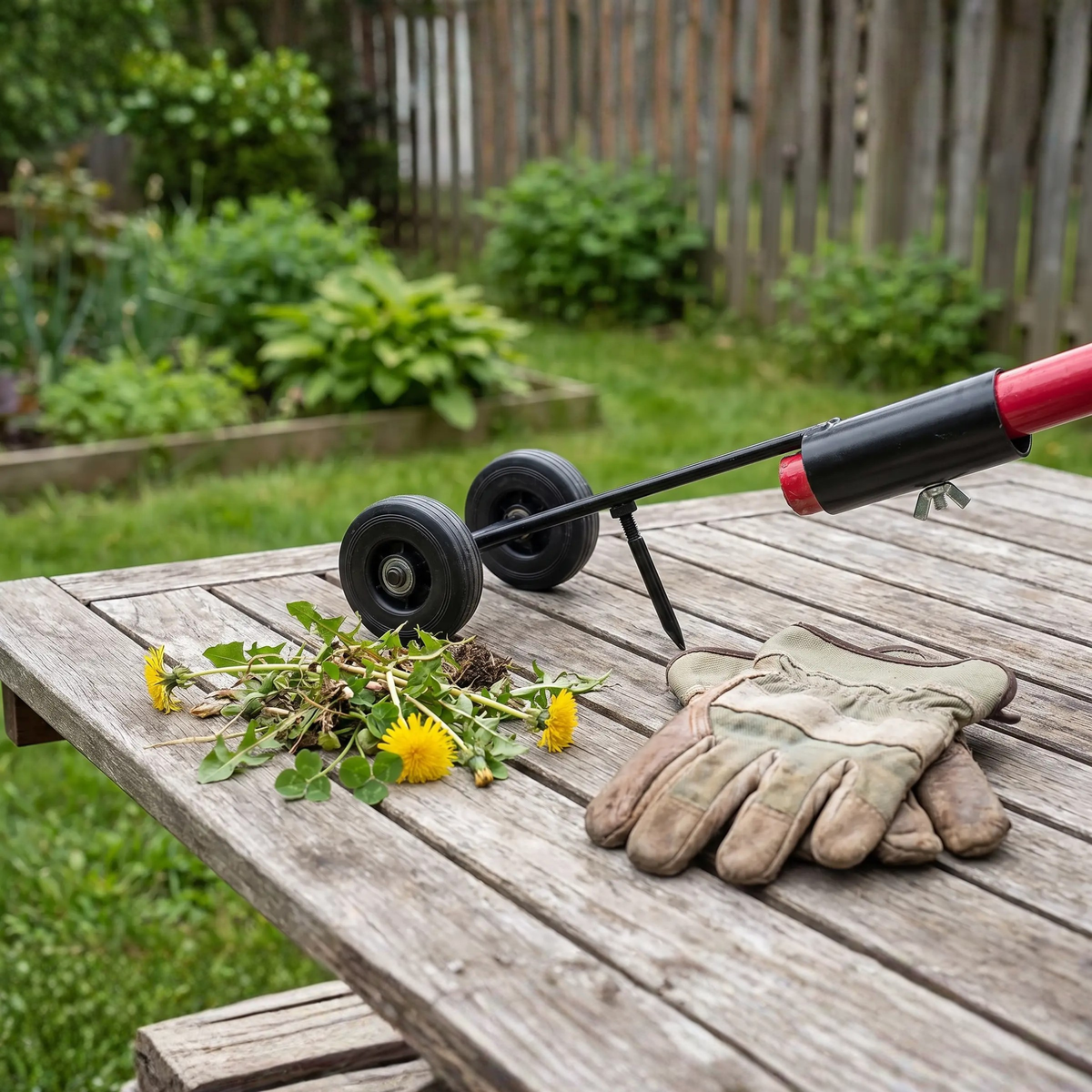 Zwart onkruidverwijderaar met wieltjes op houten tafel, naast tuinhandschoenen en onkruid | Boutique Moda