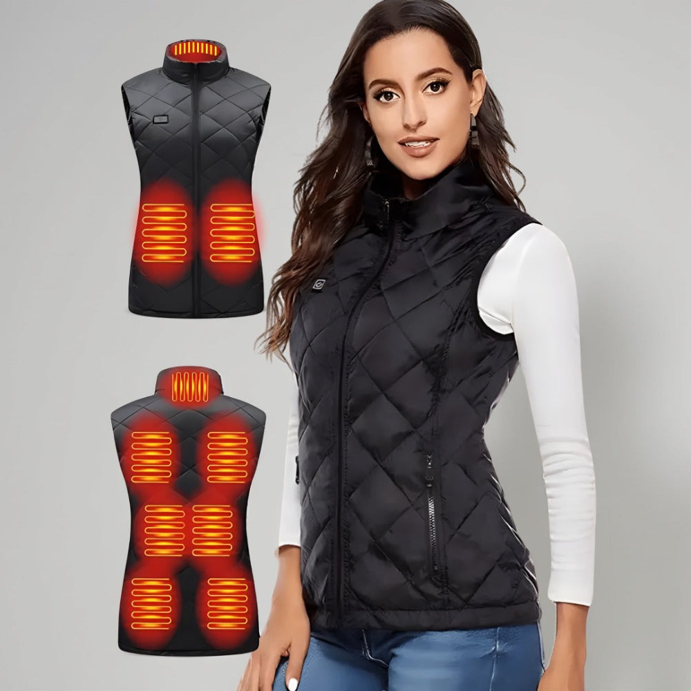 Vrouw in een zwarte verwarmde bodywarmer, met de warmtezones voor en achter