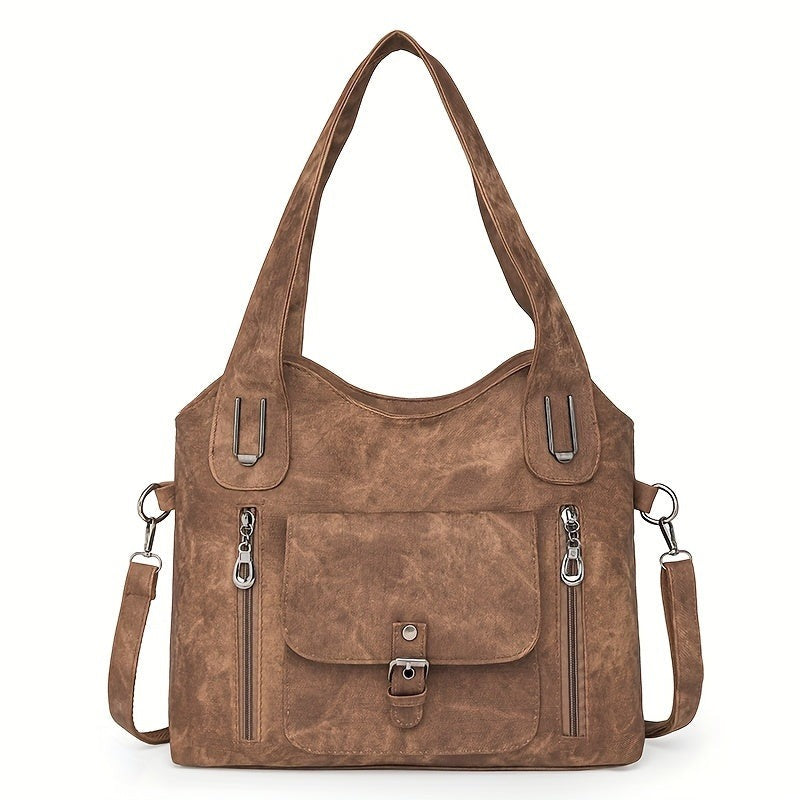 Schoudertas dames van imitatieleer in bruin, productfoto, voorkant
