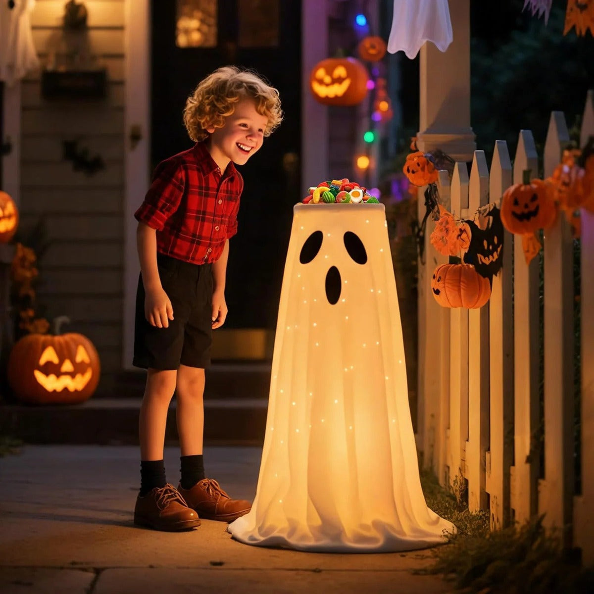 Jongen bij de verlichte snoepschaal in spookvorm aan het tuinhek