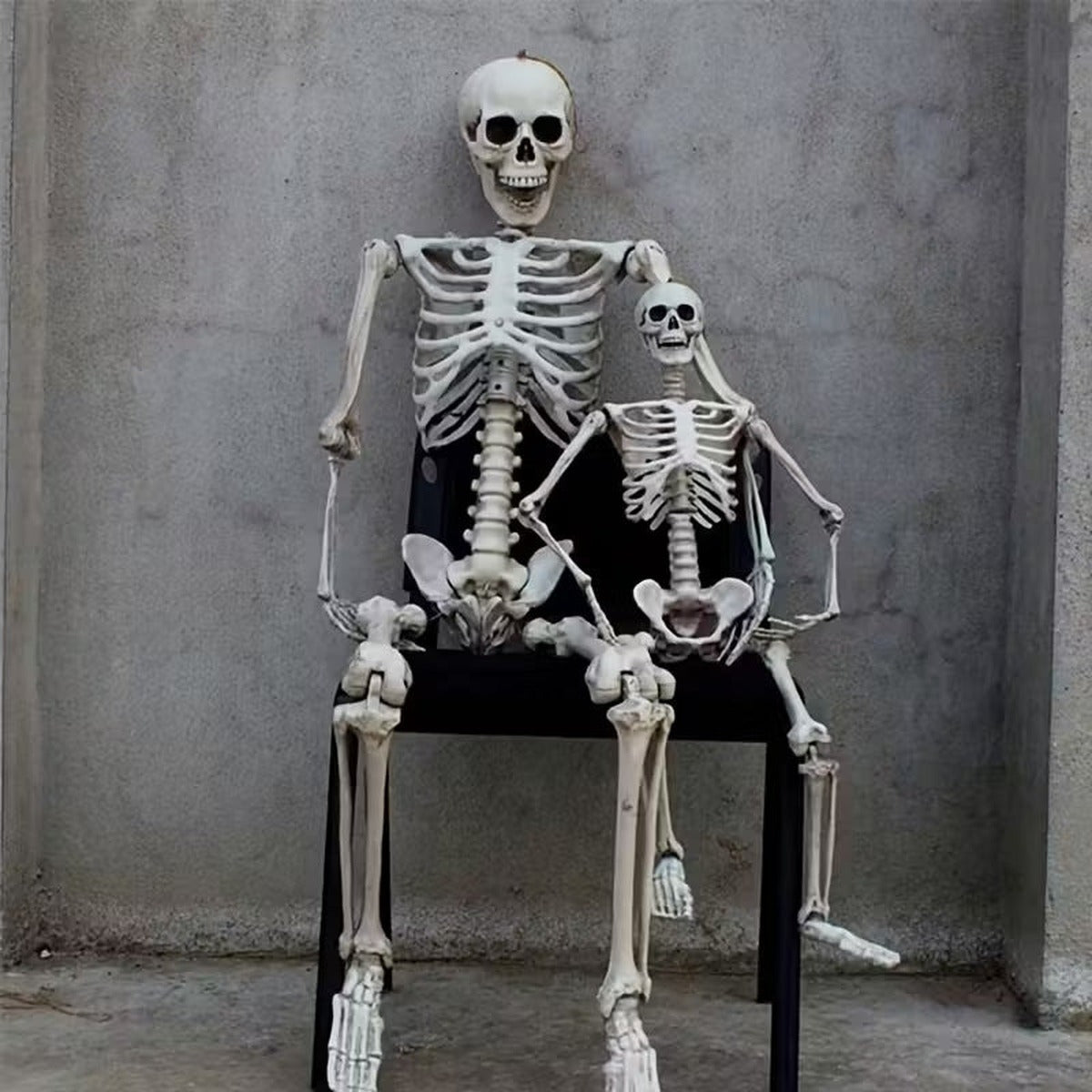 Twee beweegbare skeletten zittend op een stoel