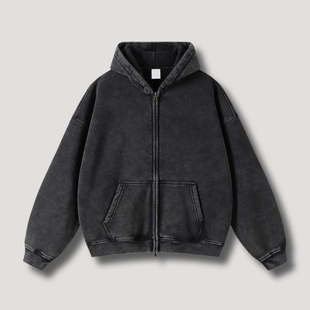 Washed hoodie met rits voor heren in zwart, voorkant