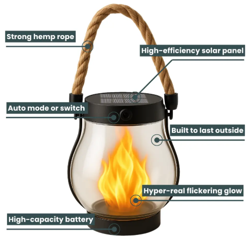 Infographic van solar lantaarn met vlameffect en touwhandvat, functies aangeduid | Boutique Moda