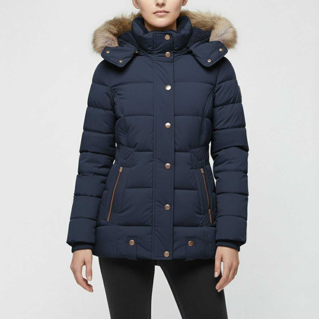 Gewatteerde damesjas met capuchon in marineblauw, gedragen, voorkant