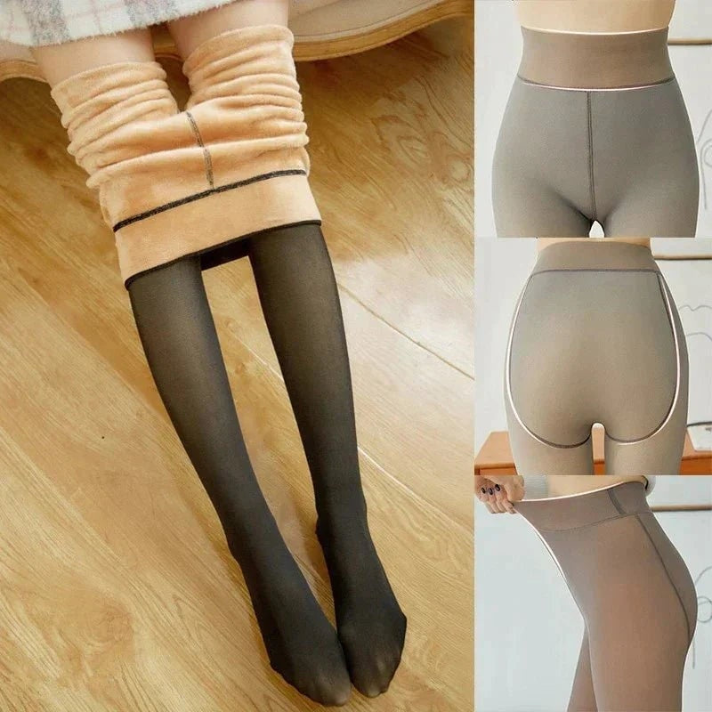 Binnenkant van de panty met de beige fleecevoering, plus voor-, achter- en zijaanzicht