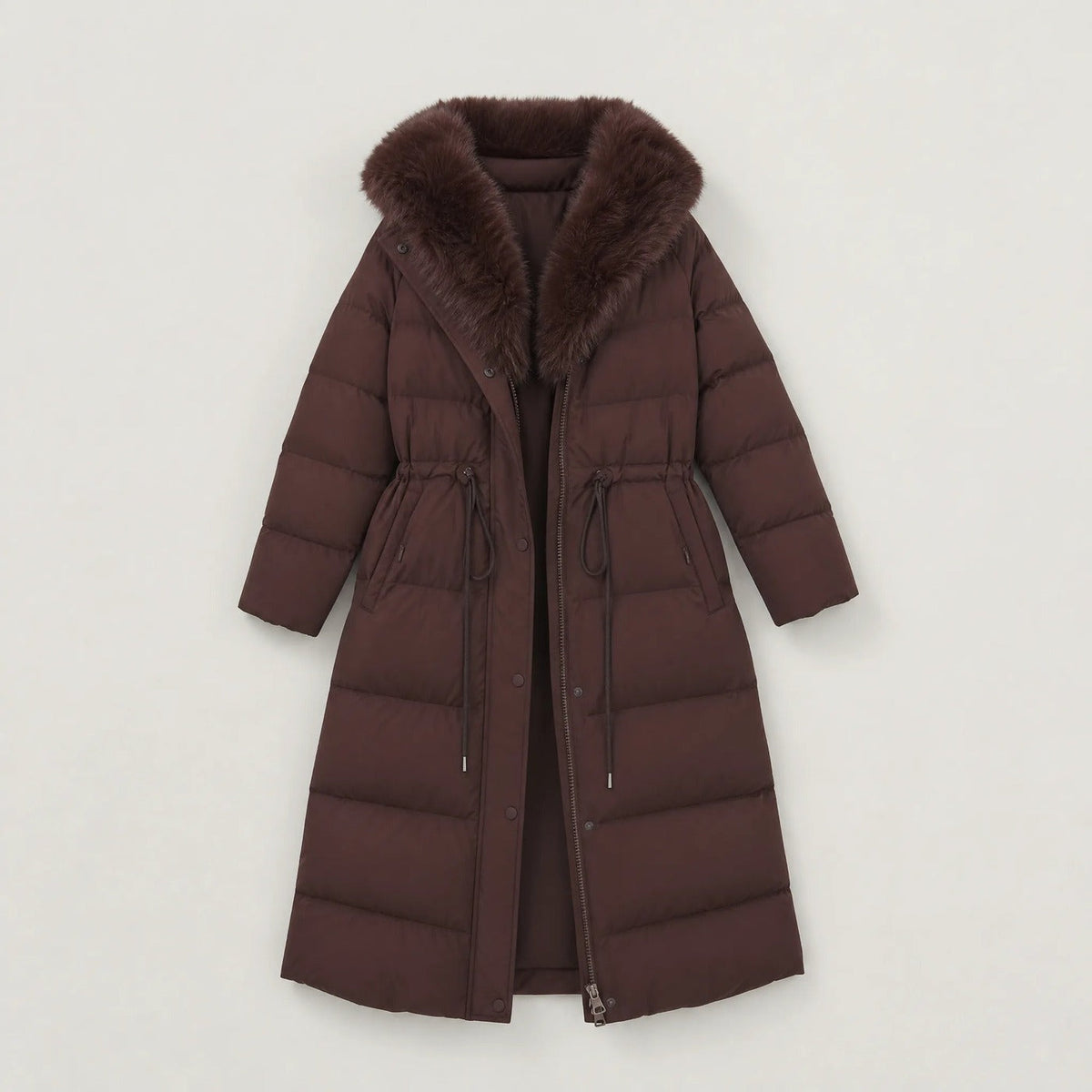 Lange winterjas met capuchon van imitatiebont in bruin, productfoto