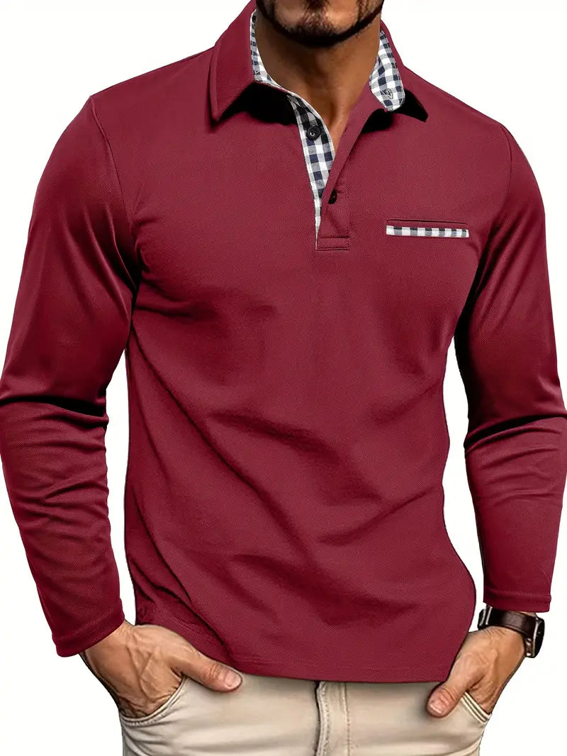 Poloshirt Heren | Lange Mouw | Borstzak | Geruite Kraag-Boutique Moda